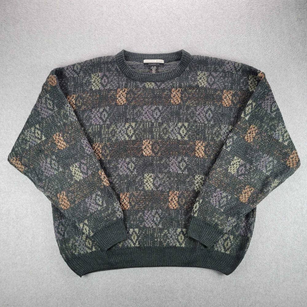 Geoffrey Beene Sweater Mens XL Green Multi Geometric Knit Vintage Crewneck Patch